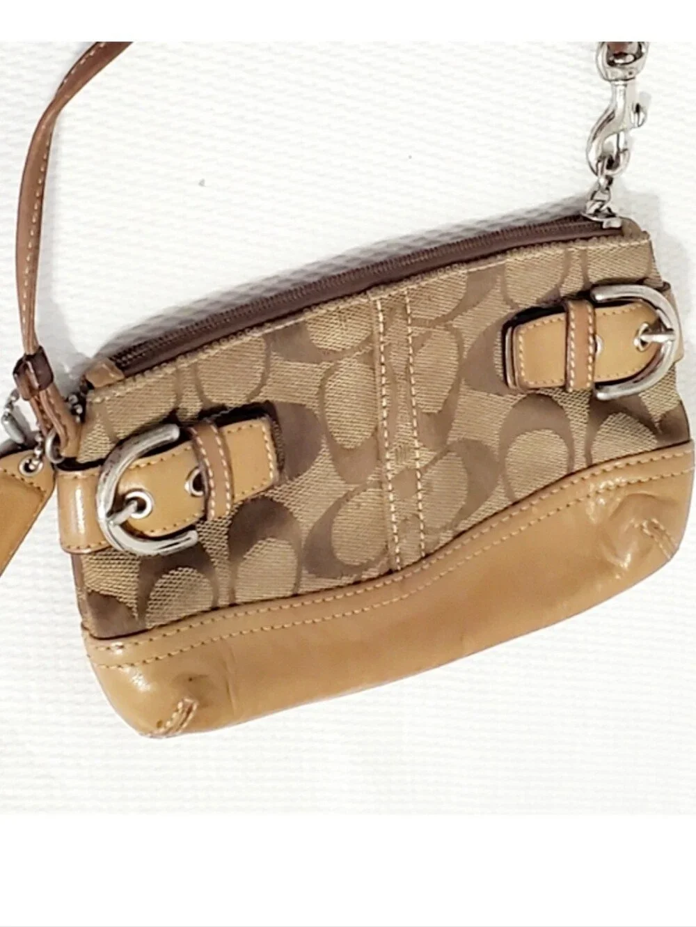 Coach Buckle Signature Canvas And Vachetta Leather Wristlet